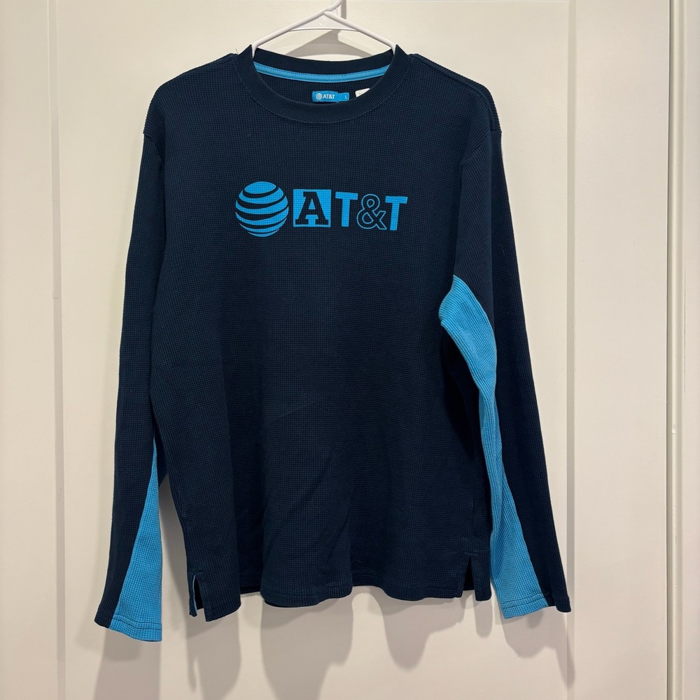 AT&T Mens Long Sleeve Waffle Knit Thermal Shirt‎ Navy Blue Cyan Logo Large